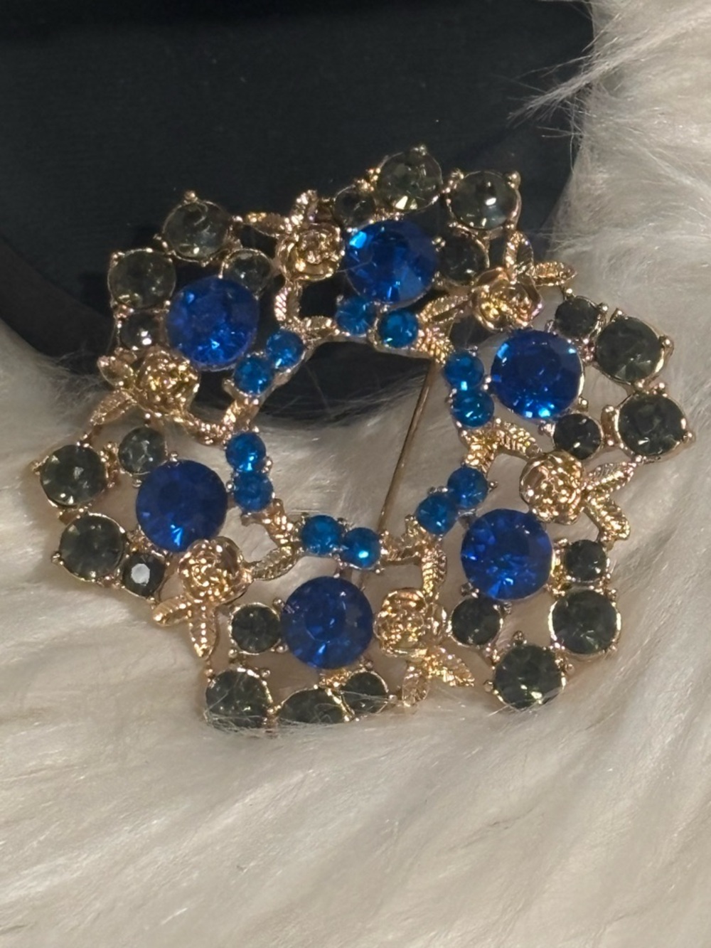 Vintage Elegant Flower Rhinestone Brooch, Blue Sapphire